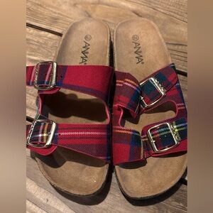 Anva Red Plaid Sandals with Buckles